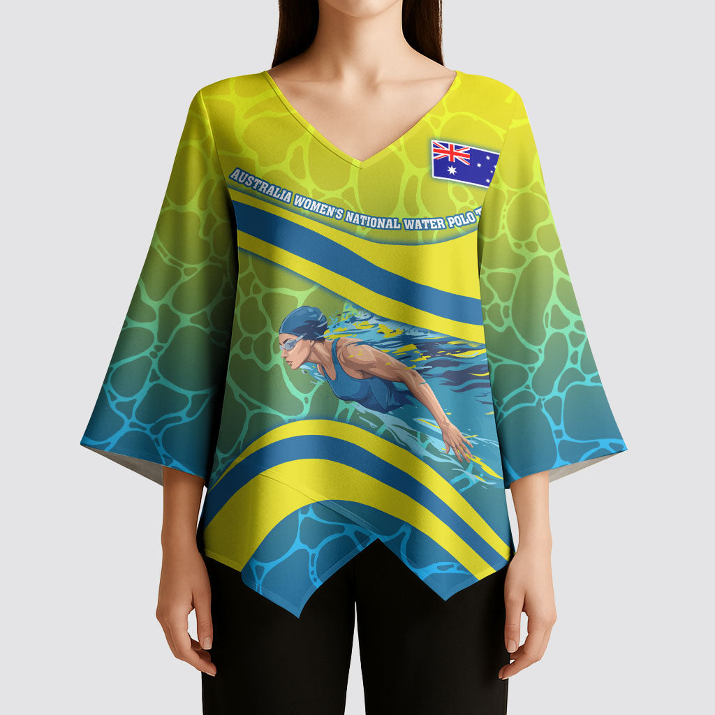 Personalized Australia Water Polo Swimmer Kimono Sleeve Blouse Dynamic Swimmer With Wave Pattern And National Colors