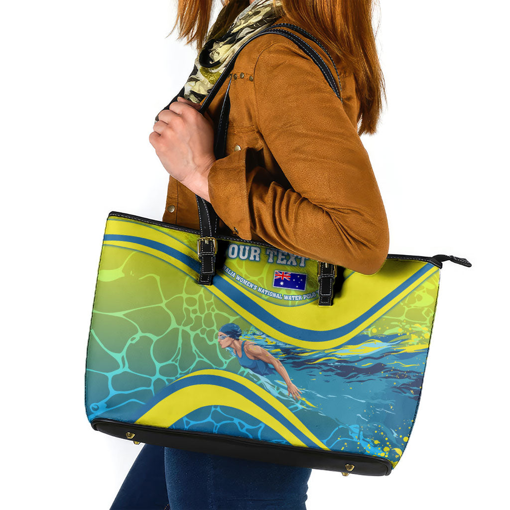 Personalized Australia Water Polo Swimmer Leather Tote Bag Dynamic Swimmer With Wave Pattern And National Colors