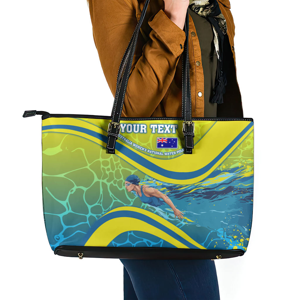 Personalized Australia Water Polo Swimmer Leather Tote Bag Dynamic Swimmer With Wave Pattern And National Colors
