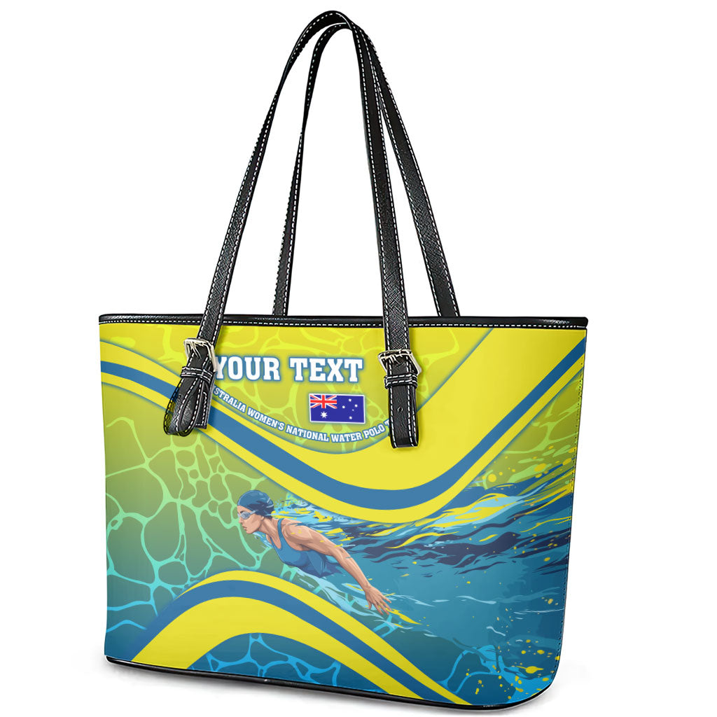 Personalized Australia Water Polo Swimmer Leather Tote Bag Dynamic Swimmer With Wave Pattern And National Colors