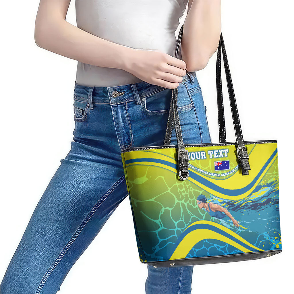 Personalized Australia Water Polo Swimmer Leather Tote Bag Dynamic Swimmer With Wave Pattern And National Colors