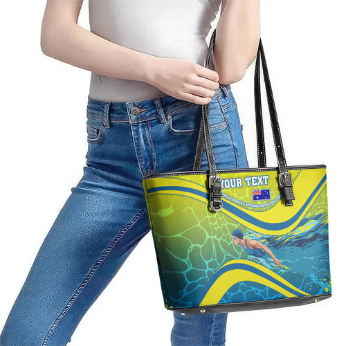 Personalized Australia Water Polo Swimmer Leather Tote Bag Dynamic Swimmer With Wave Pattern And National Colors