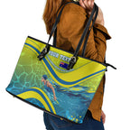 Personalized Australia Water Polo Swimmer Leather Tote Bag Dynamic Swimmer With Wave Pattern And National Colors