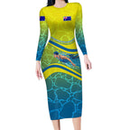 Personalized Australia Water Polo Swimmer Long Sleeve Bodycon Dress Dynamic Swimmer With Wave Pattern And National Colors