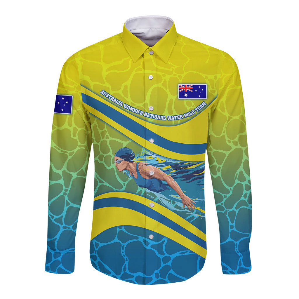 Personalized Australia Water Polo Swimmer Long Sleeve Button Shirt Dynamic Swimmer With Wave Pattern And National Colors
