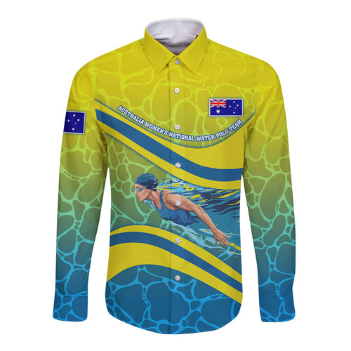 Personalized Australia Water Polo Swimmer Long Sleeve Button Shirt Dynamic Swimmer With Wave Pattern And National Colors