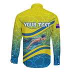 Personalized Australia Water Polo Swimmer Long Sleeve Button Shirt Dynamic Swimmer With Wave Pattern And National Colors