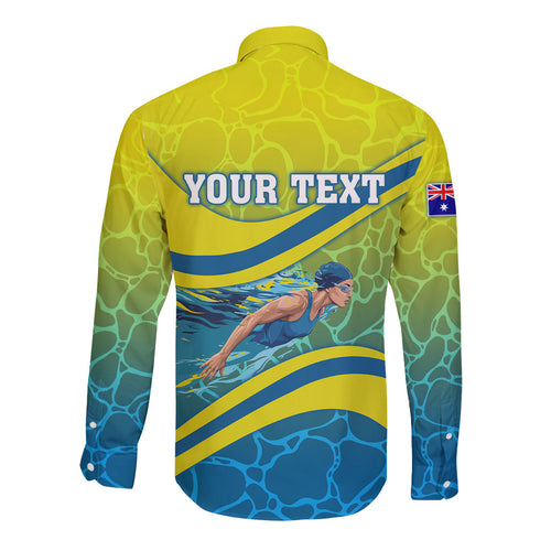 Personalized Australia Water Polo Swimmer Long Sleeve Button Shirt Dynamic Swimmer With Wave Pattern And National Colors