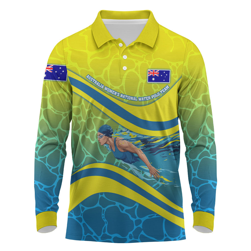Personalized Australia Water Polo Swimmer Long Sleeve Polo Shirt Dynamic Swimmer With Wave Pattern And National Colors