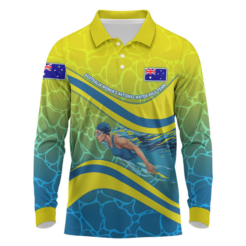 Personalized Australia Water Polo Swimmer Long Sleeve Polo Shirt Dynamic Swimmer With Wave Pattern And National Colors