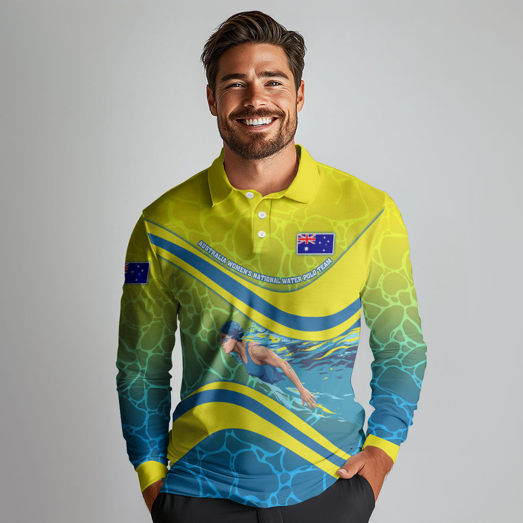Personalized Australia Water Polo Swimmer Long Sleeve Polo Shirt Dynamic Swimmer With Wave Pattern And National Colors