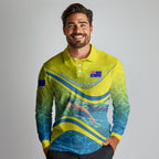 Personalized Australia Water Polo Swimmer Long Sleeve Polo Shirt Dynamic Swimmer With Wave Pattern And National Colors