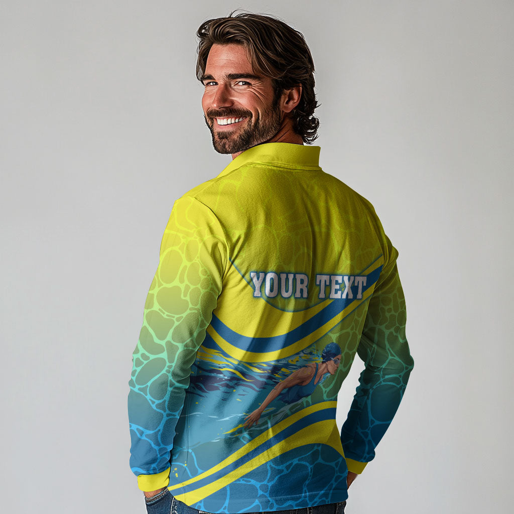 Personalized Australia Water Polo Swimmer Long Sleeve Polo Shirt Dynamic Swimmer With Wave Pattern And National Colors