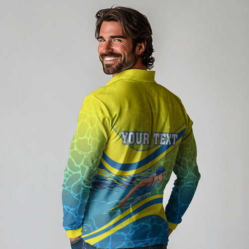 Personalized Australia Water Polo Swimmer Long Sleeve Polo Shirt Dynamic Swimmer With Wave Pattern And National Colors