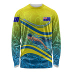 Personalized Australia Water Polo Swimmer Long Sleeve Shirt Dynamic Swimmer With Wave Pattern And National Colors