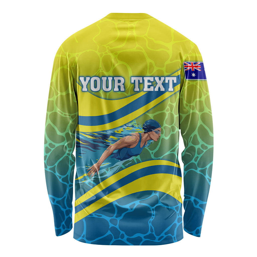Personalized Australia Water Polo Swimmer Long Sleeve Shirt Dynamic Swimmer With Wave Pattern And National Colors