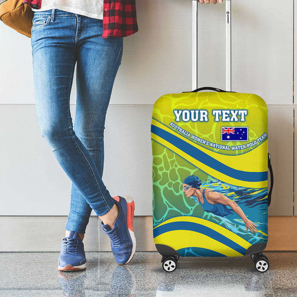 Personalized Australia Water Polo Swimmer Luggage Cover Dynamic Swimmer With Wave Pattern And National Colors