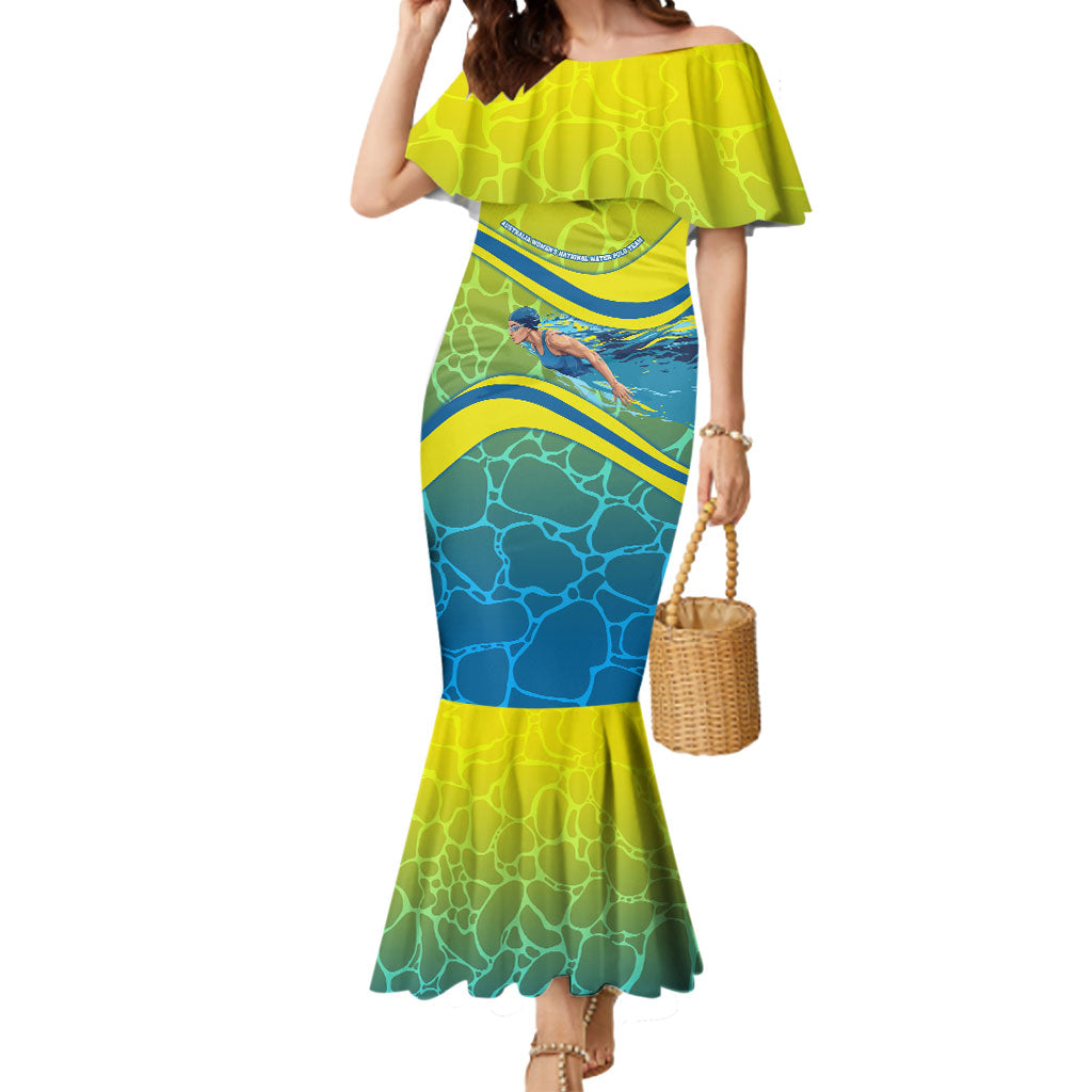Personalized Australia Water Polo Swimmer Mermaid Dress Dynamic Swimmer With Wave Pattern And National Colors