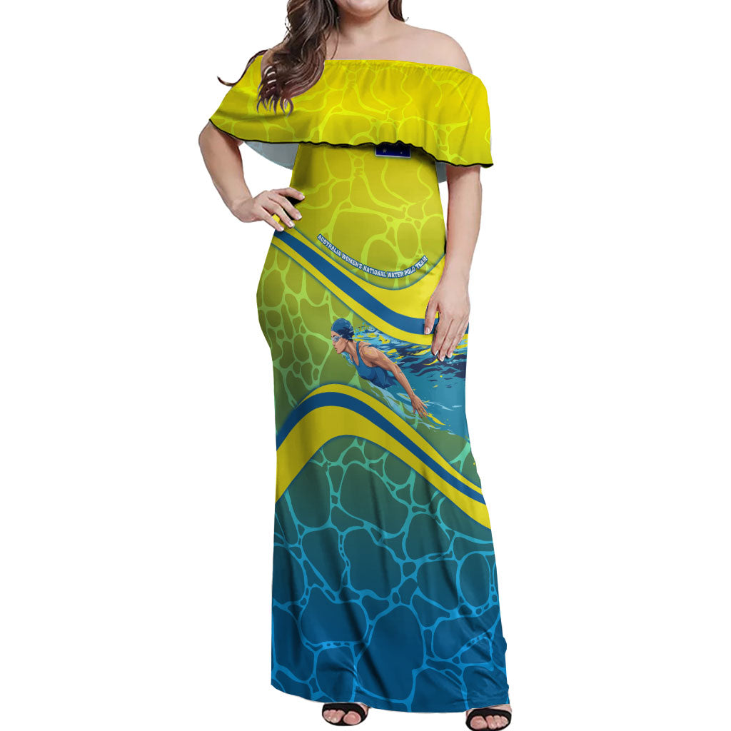 Personalized Australia Water Polo Swimmer Off Shoulder Maxi Dress Dynamic Swimmer With Wave Pattern And National Colors
