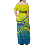 Personalized Australia Water Polo Swimmer Off Shoulder Maxi Dress Dynamic Swimmer With Wave Pattern And National Colors