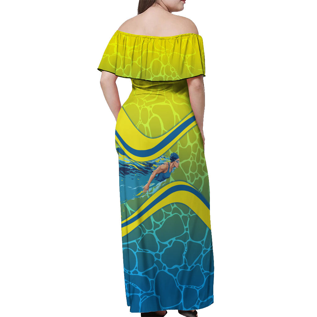 Personalized Australia Water Polo Swimmer Off Shoulder Maxi Dress Dynamic Swimmer With Wave Pattern And National Colors