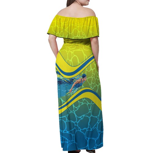 Personalized Australia Water Polo Swimmer Off Shoulder Maxi Dress Dynamic Swimmer With Wave Pattern And National Colors