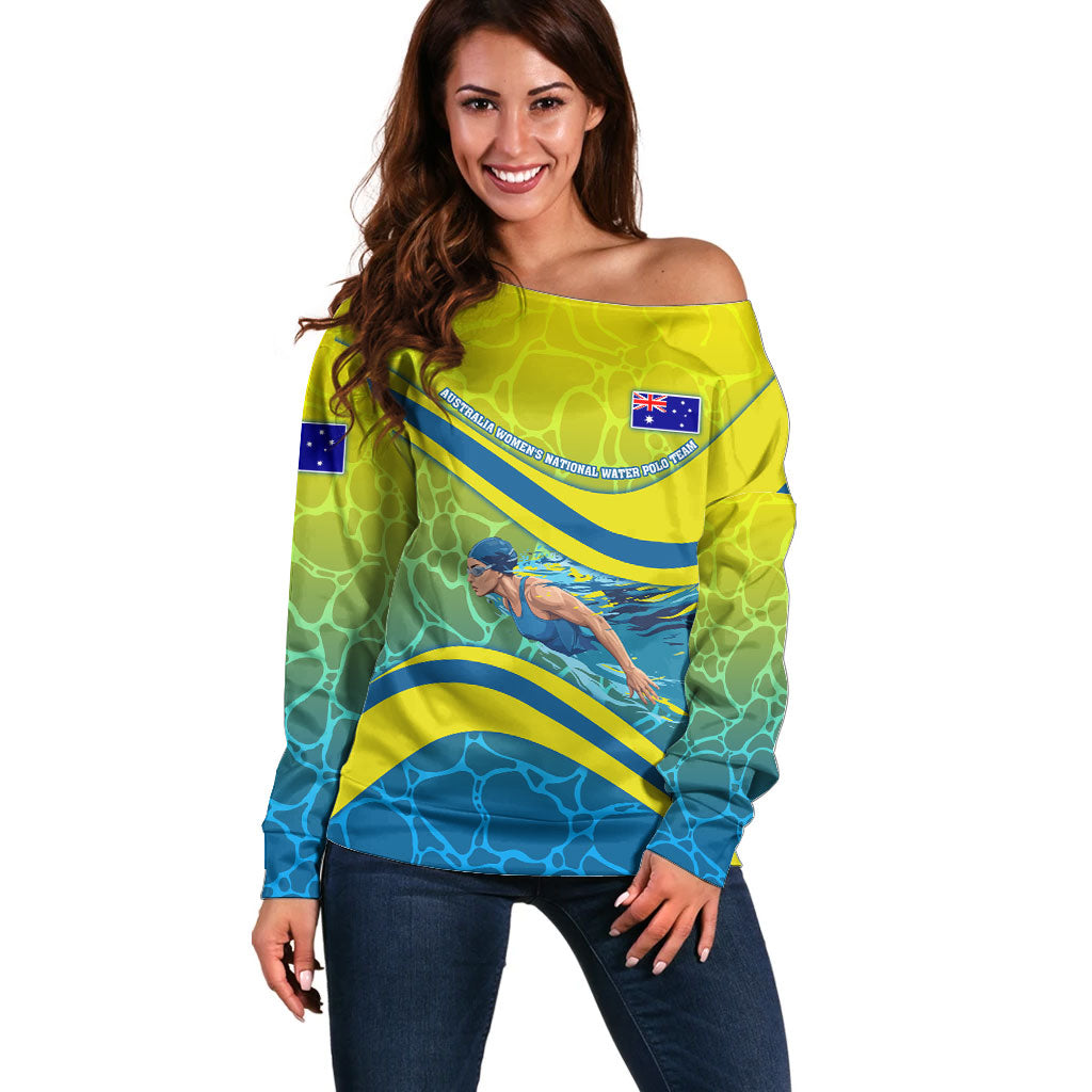 Personalized Australia Water Polo Swimmer Off Shoulder Sweater Dynamic Swimmer With Wave Pattern And National Colors
