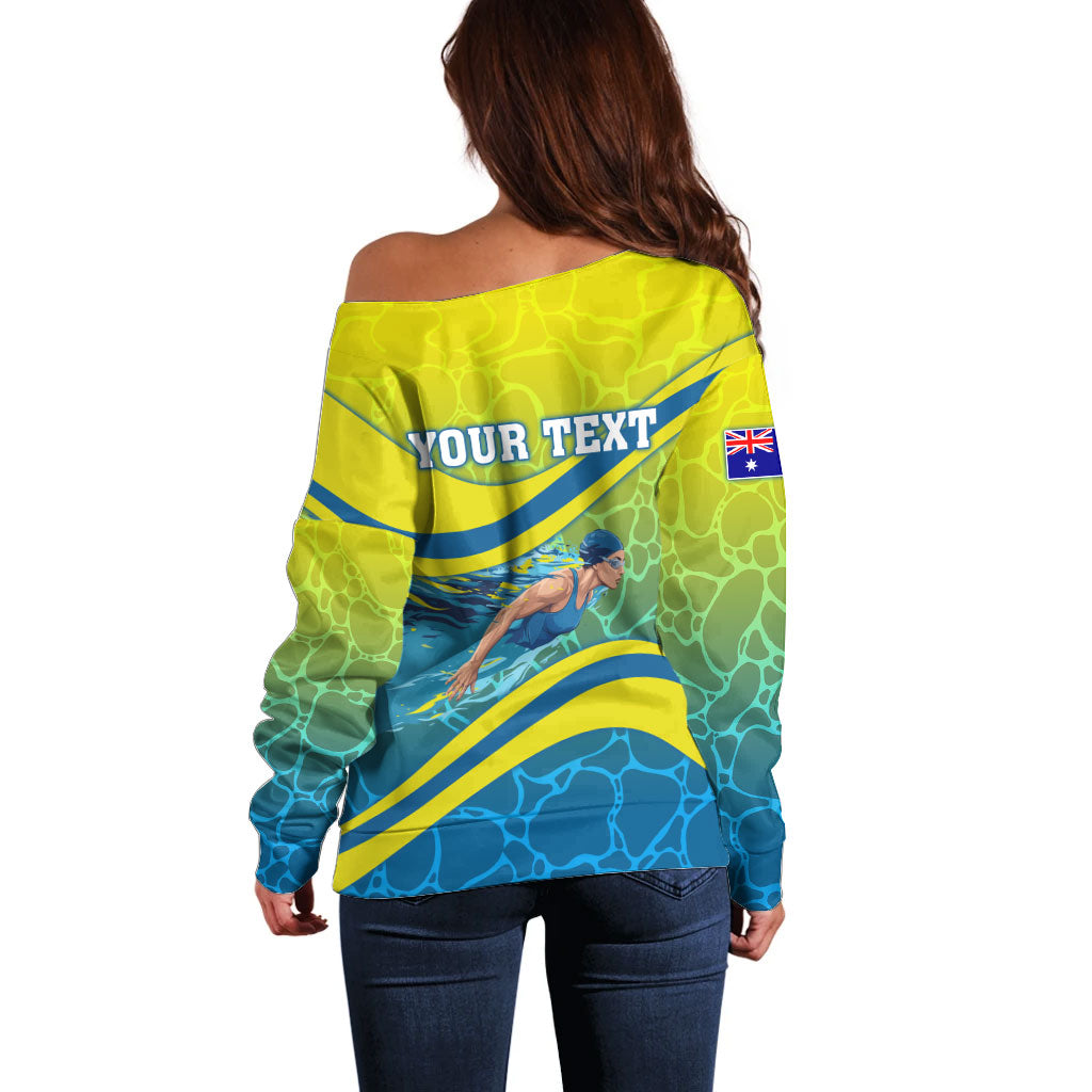 Personalized Australia Water Polo Swimmer Off Shoulder Sweater Dynamic Swimmer With Wave Pattern And National Colors