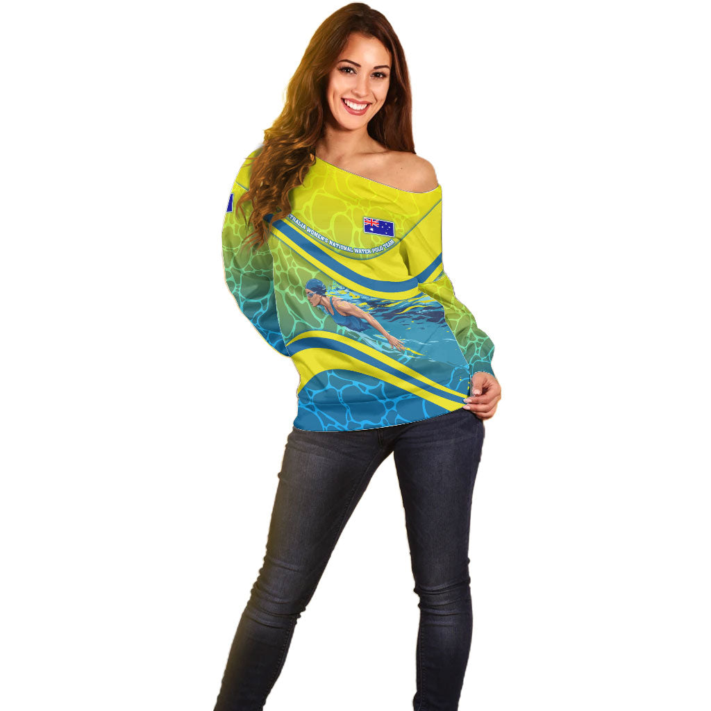 Personalized Australia Water Polo Swimmer Off Shoulder Sweater Dynamic Swimmer With Wave Pattern And National Colors