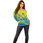 Personalized Australia Water Polo Swimmer Off Shoulder Sweater Dynamic Swimmer With Wave Pattern And National Colors