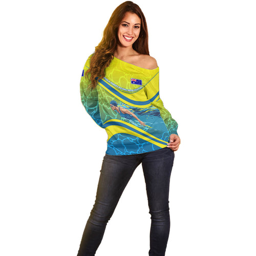 Personalized Australia Water Polo Swimmer Off Shoulder Sweater Dynamic Swimmer With Wave Pattern And National Colors