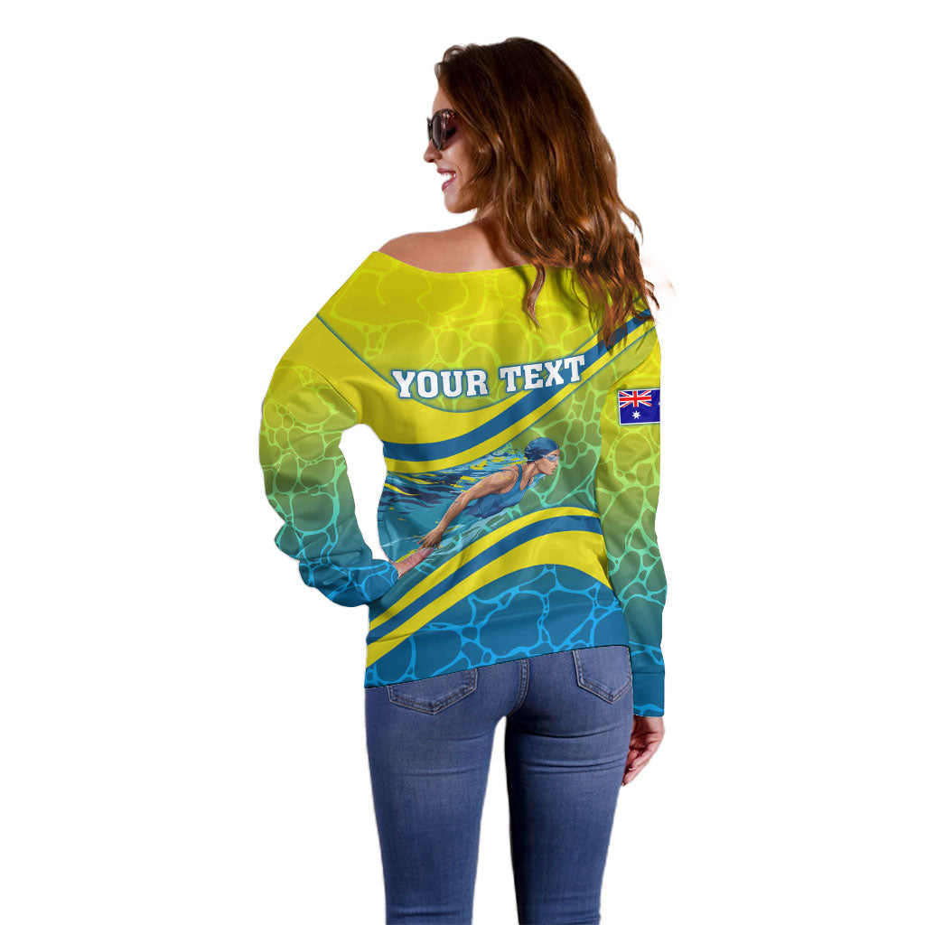 Personalized Australia Water Polo Swimmer Off Shoulder Sweater Dynamic Swimmer With Wave Pattern And National Colors