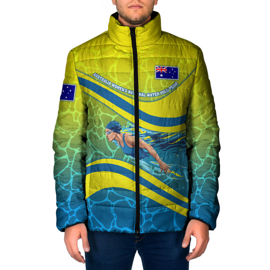 Personalized Australia Water Polo Swimmer Padded Jacket Dynamic Swimmer With Wave Pattern And National Colors