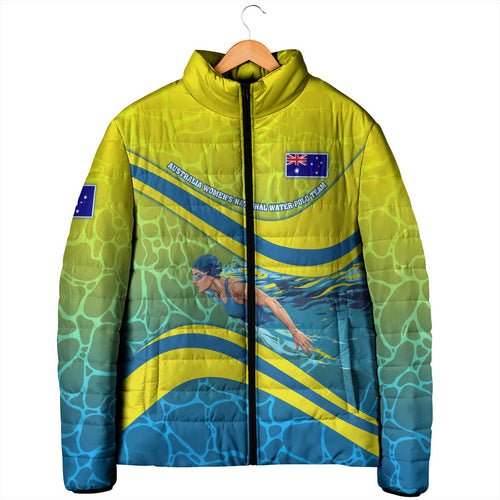 Personalized Australia Water Polo Swimmer Padded Jacket Dynamic Swimmer With Wave Pattern And National Colors