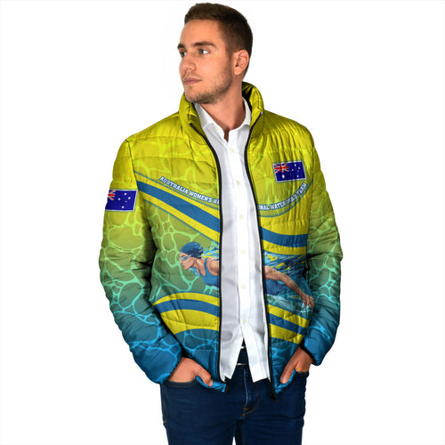 Personalized Australia Water Polo Swimmer Padded Jacket Dynamic Swimmer With Wave Pattern And National Colors