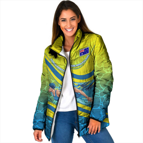 Personalized Australia Water Polo Swimmer Padded Jacket Dynamic Swimmer With Wave Pattern And National Colors