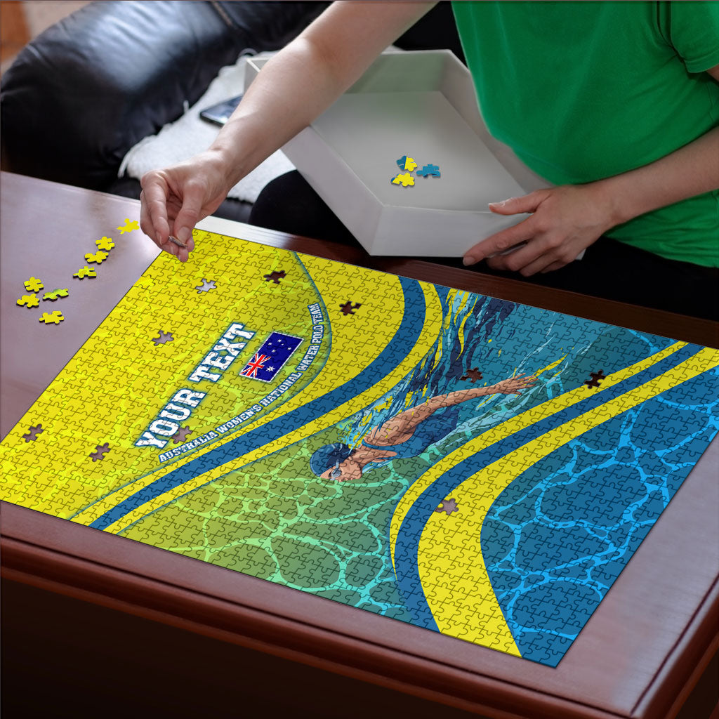 Personalized Australia Water Polo Swimmer Puzzle Dynamic Swimmer With Wave Pattern And National Colors