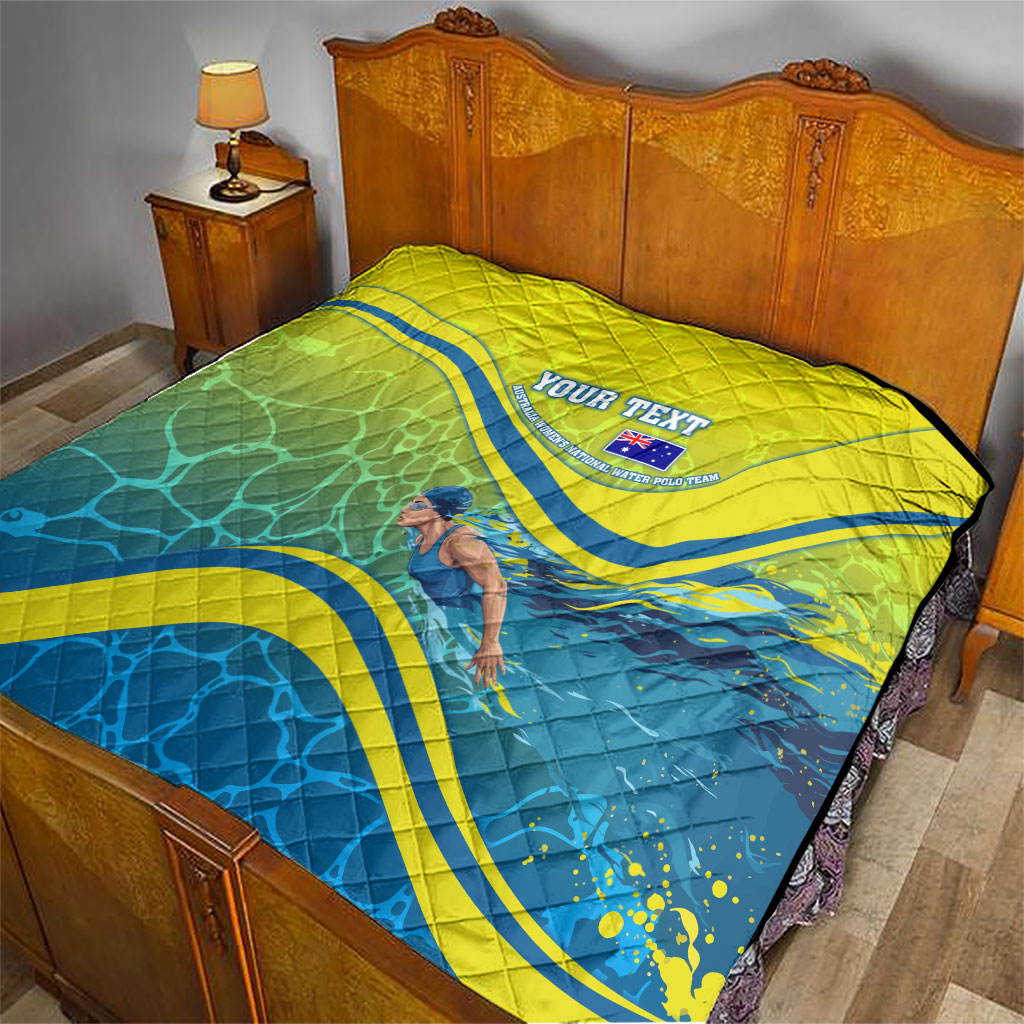 Personalized Australia Water Polo Swimmer Quilt Dynamic Swimmer With Wave Pattern And National Colors