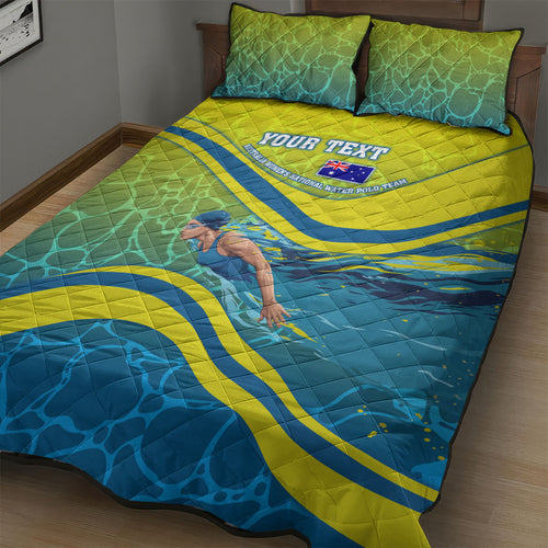 Personalized Australia Water Polo Swimmer Quilt Bed Set Dynamic Swimmer With Wave Pattern And National Colors