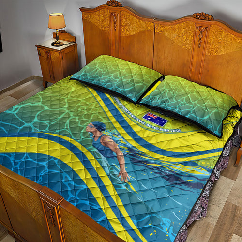 Personalized Australia Water Polo Swimmer Quilt Bed Set Dynamic Swimmer With Wave Pattern And National Colors