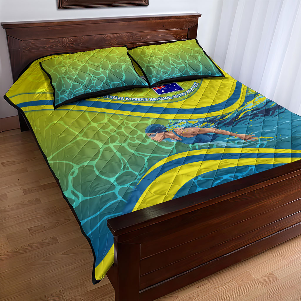 Personalized Australia Water Polo Swimmer Quilt Bed Set Dynamic Swimmer With Wave Pattern And National Colors