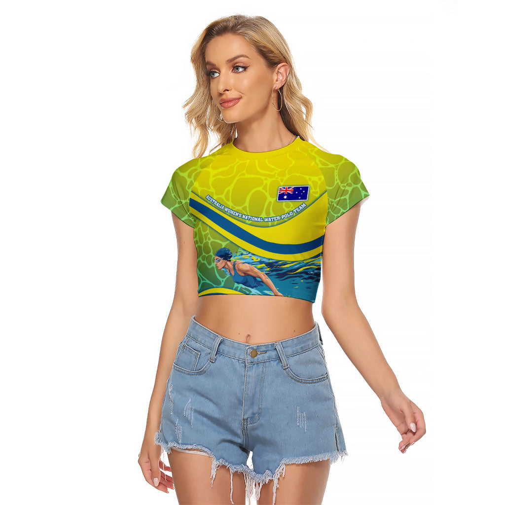 Personalized Australia Water Polo Swimmer Raglan Cropped T Shirt Dynamic Swimmer With Wave Pattern And National Colors