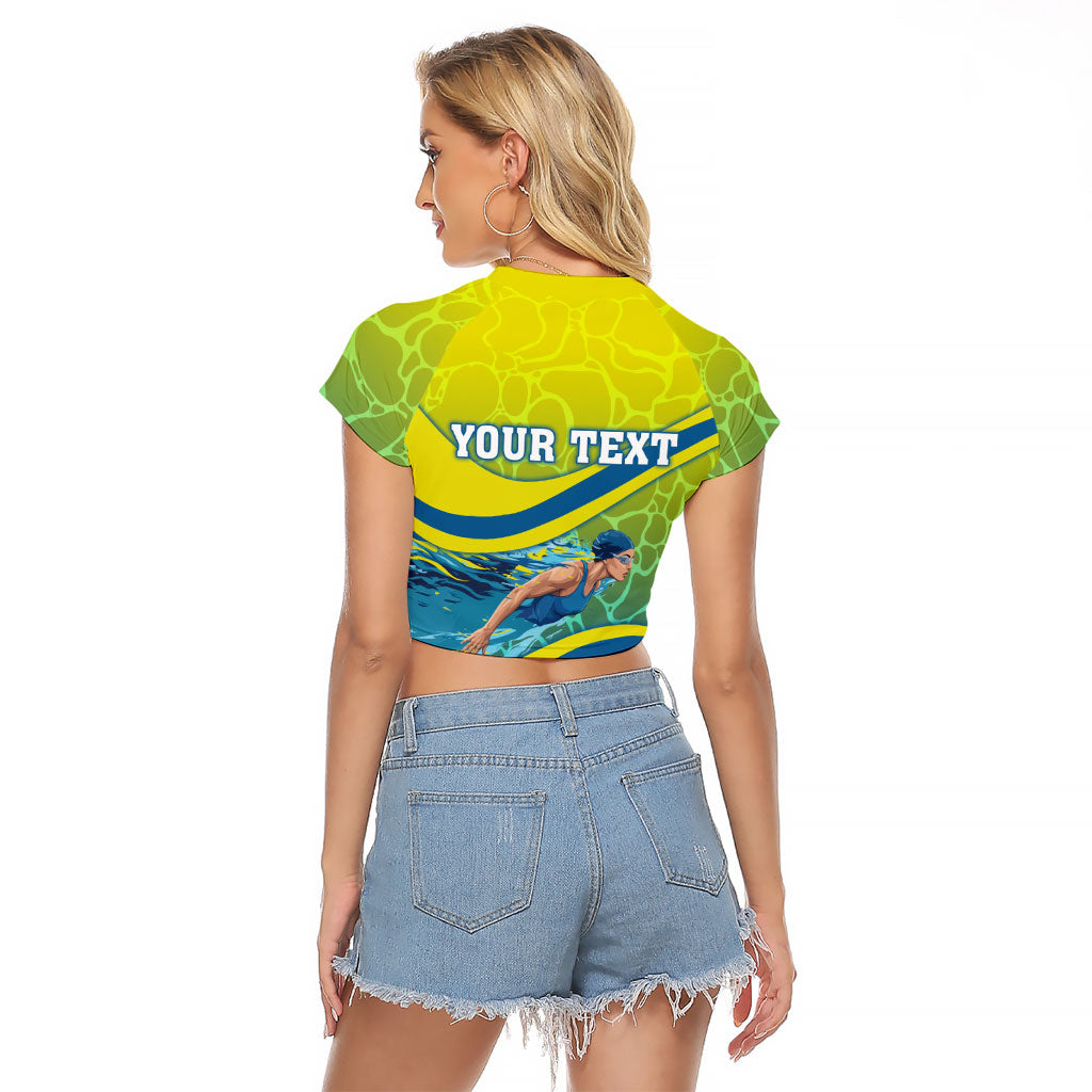 Personalized Australia Water Polo Swimmer Raglan Cropped T Shirt Dynamic Swimmer With Wave Pattern And National Colors
