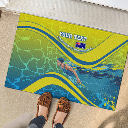 Personalized Australia Water Polo Swimmer Rubber Doormat Dynamic Swimmer With Wave Pattern And National Colors