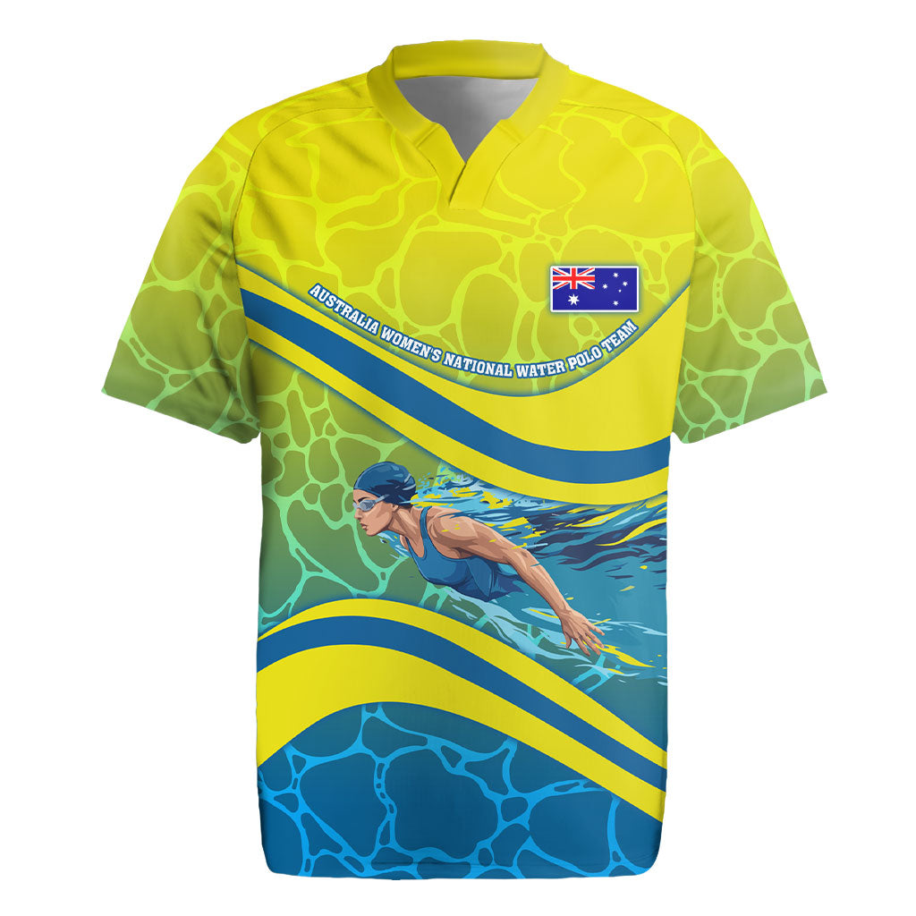 Personalized Australia Water Polo Swimmer Rugby Jersey Dynamic Swimmer With Wave Pattern And National Colors