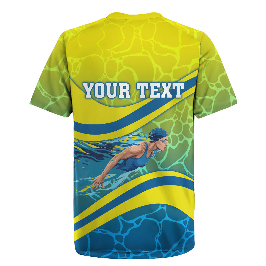 Personalized Australia Water Polo Swimmer Rugby Jersey Dynamic Swimmer With Wave Pattern And National Colors