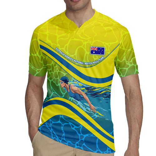 Personalized Australia Water Polo Swimmer Rugby Jersey Dynamic Swimmer With Wave Pattern And National Colors