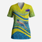 Personalized Australia Water Polo Swimmer Scrub Top Dynamic Swimmer With Wave Pattern And National Colors