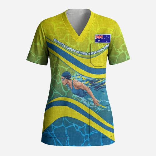 Personalized Australia Water Polo Swimmer Scrub Top Dynamic Swimmer With Wave Pattern And National Colors