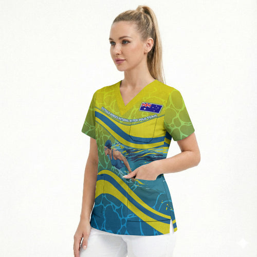 Personalized Australia Water Polo Swimmer Scrub Top Dynamic Swimmer With Wave Pattern And National Colors